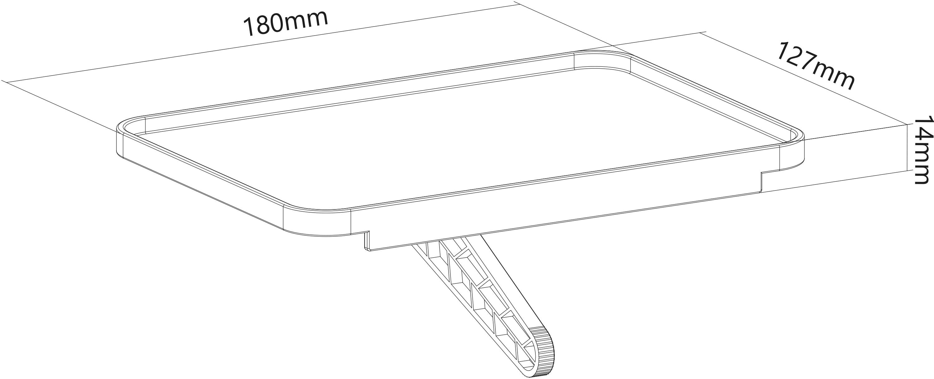 Technische Zeichnung eines rechteckigen Tabletts mit Kantenlängen 180 mm x 127 mm und einer Höhe von 14 mm.