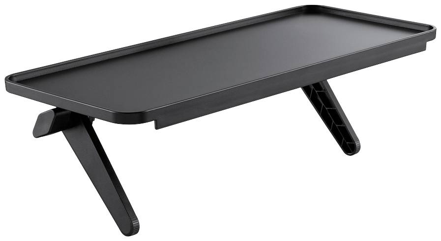 Ein schlichtes, schwarzes Monitorregal mit zwei schrägen Beinen zur Unterstützung. Ideal zur Erhöhung von Bildschirmen auf Schreibtischen.