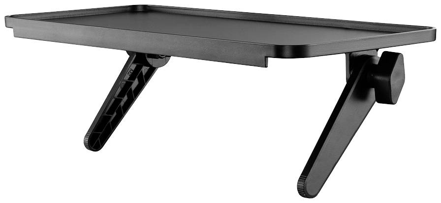 Ein schwarzer Laptopständer mit verstellbaren Beinen zur Unterstützung von Geräten auf einer stabilen Oberfläche.