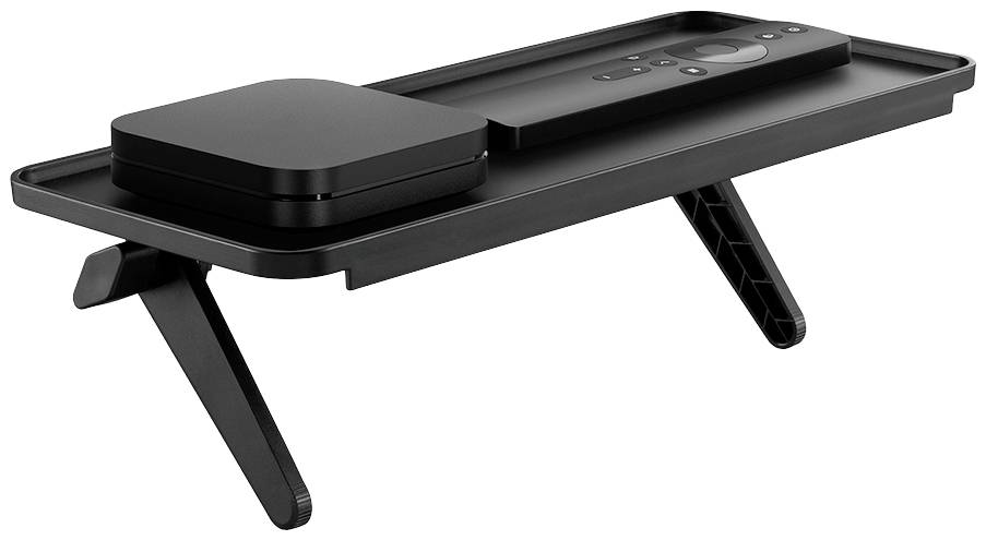 Schwarzes, modernes Regal mit zwei Fächern und schrägen Beinen. Enthält zwei rechteckige Geräte mit Knöpfen, auf einer Tischplatte platziert.