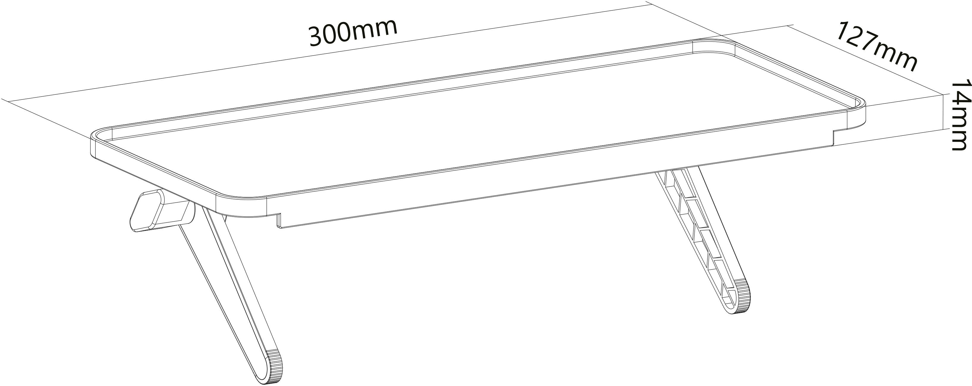 Diagramm eines Tischs mit Maßen: Länge 300mm, Breite 127mm, Höhe 14mm. Enthält klappbare Beinmechanismen.