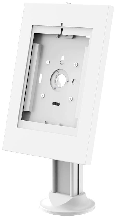 Weiße Tischhalterung für einen Bildschirm oder Monitor, mit verstellbarem Standbein. Geeignet zur sicheren Befestigung.