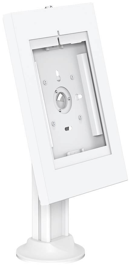Ein weißer Tablet-Halter mit verstellbarem Ständer, geeignet für sichere Befestigung und flexible Nutzung in Verkaufs- oder Präsentationsumgebungen.