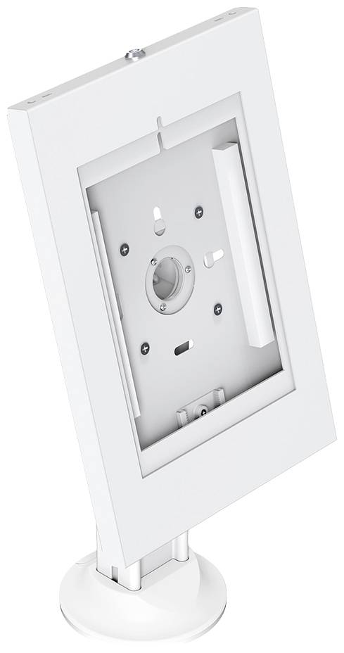 Ein weißer, leerer Rahmen auf einem Standfuß, geeignet für die Montage eines elektronischen Geräts.