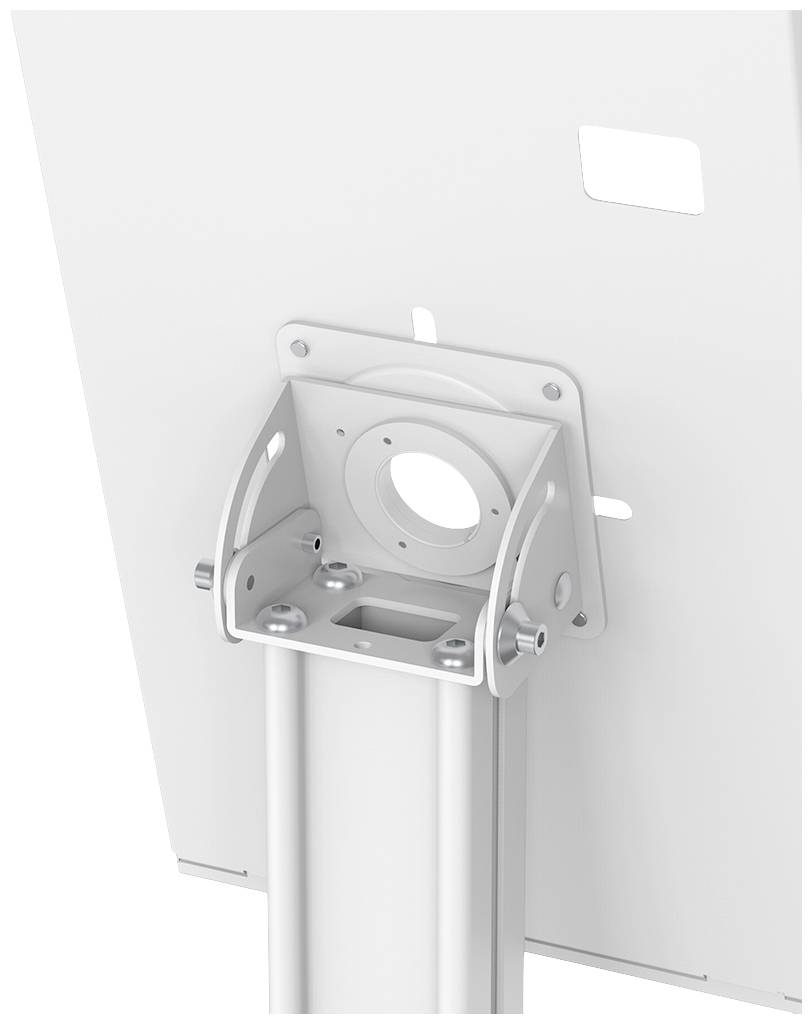 Rückseite einer weiß lackierten Metallplatte, befestigt an einer verstellbaren Halterung, wahrscheinlich für technisches Equipment.