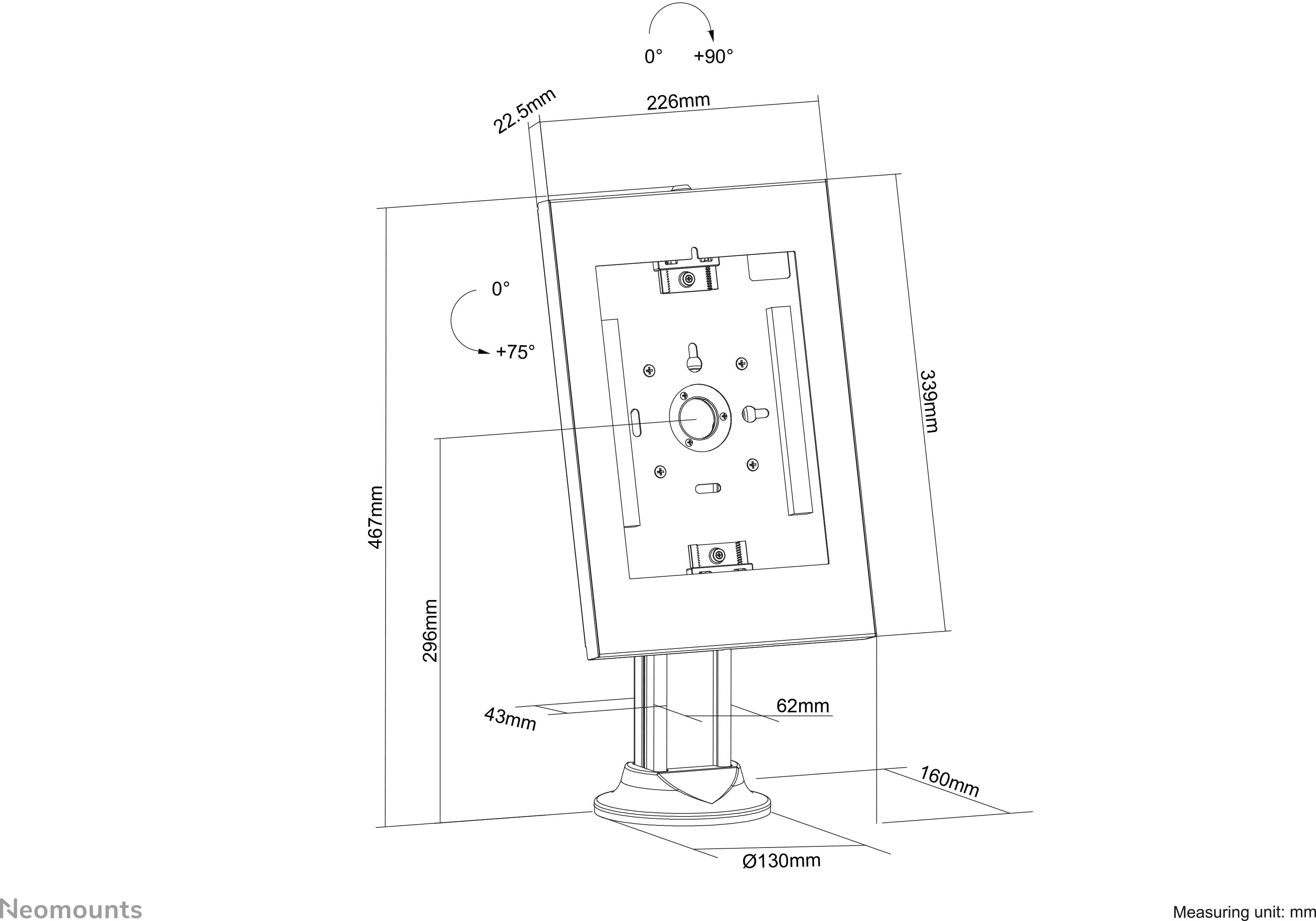 Technische Zeichnung eines Monitorständers mit Maßen in mm. Der Ständer ist neigbar von 0° bis +75° und drehbar von 0° bis +90°.