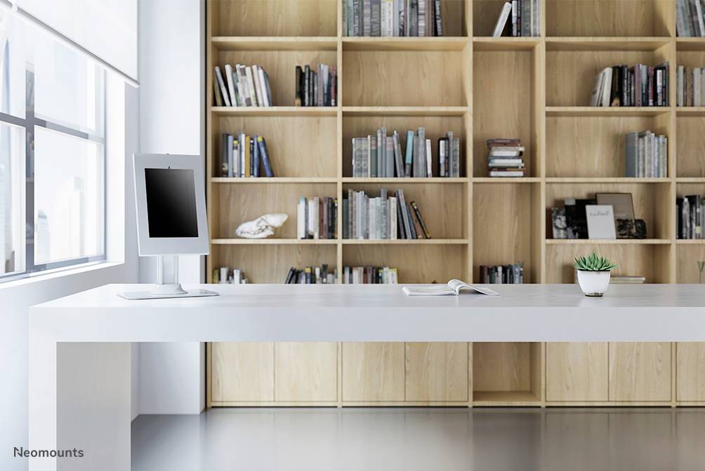 Minimalistischer Arbeitsplatz mit modernem Monitor auf weißem Tisch, vor einer großen Bücherwand, daneben eine kleine Pflanze.