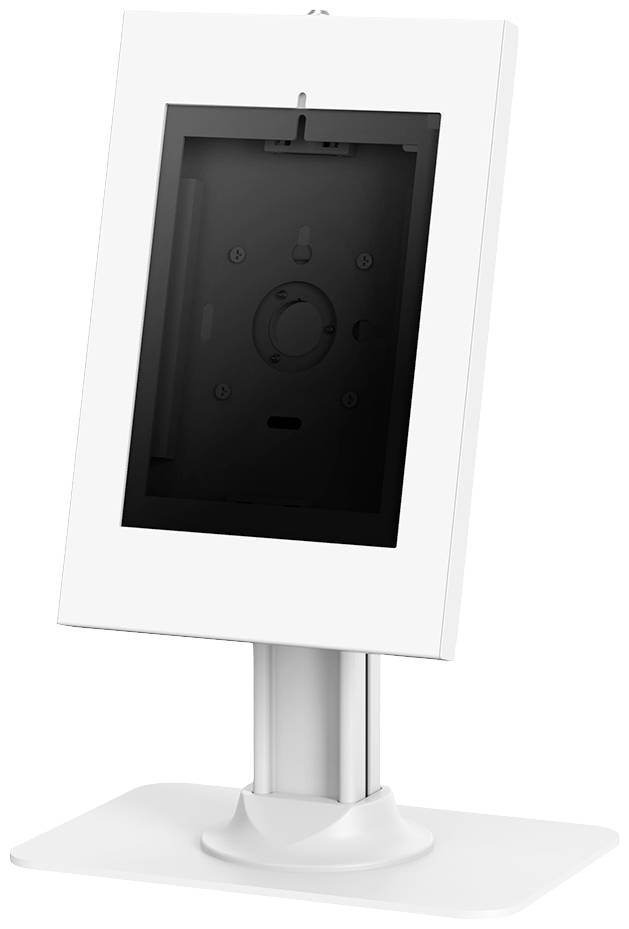 Weißer Tablet-Ständer mit rechteckiger Halterung, für Präsentationszwecke auf Theken oder Tischen geeignet.