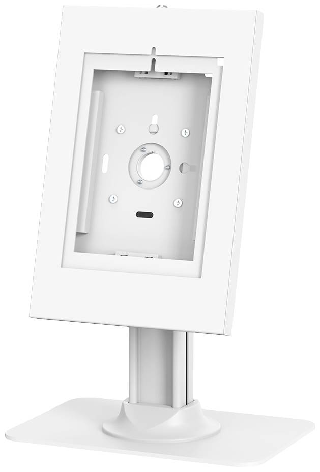 Ein weißer Tablet-Ständer mit Rahmen, freistehend auf einem Sockel, ohne eingesetztes Gerät.