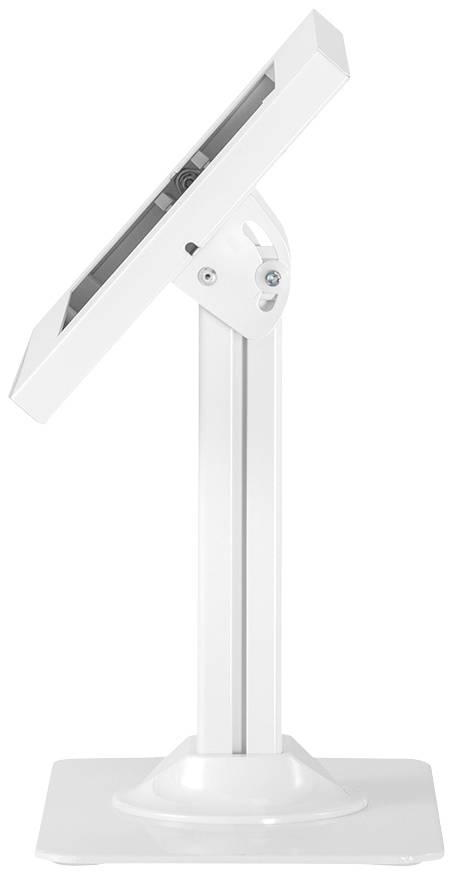 Ein weißes, verstellbares Stativ mit rechteckigem Rahmen, geeignet für das Halten eines Bildschirms oder Panels in aufrechter Position.