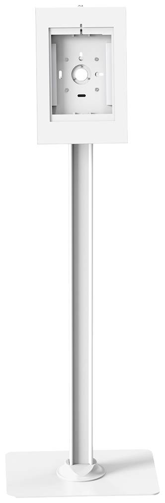 Ein weißer, vertikaler Metallständer mit rechteckigem Rahmen an der Oberseite, geeignet zur Montage eines Gerätes oder Bildschirms.