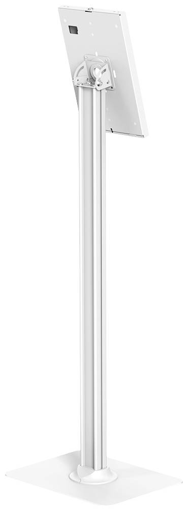 Ein weißer, freistehender Ständer mit verstellbarer Halterung für ein Tablet oder Display. Geeignet für Präsentationen oder öffentliche Nutzung.