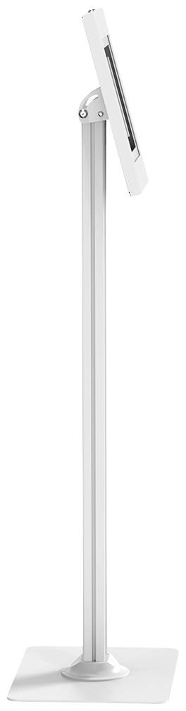 Ein weißer Tablet-Ständer mit einem schlanken, verstellbaren Arm, ideal zur Präsentation von Inhalten oder zur interaktiven Nutzung.