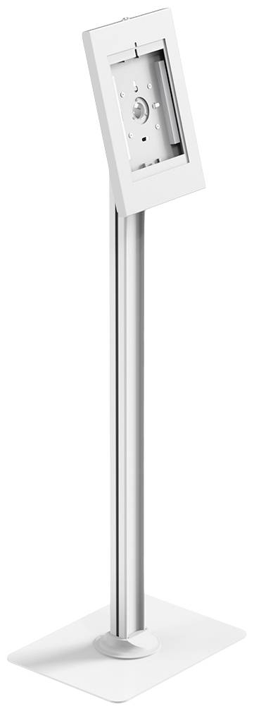 Weißer Metallständer mit rechteckiger Halterung, möglicherweise für ein Tablet oder Display.