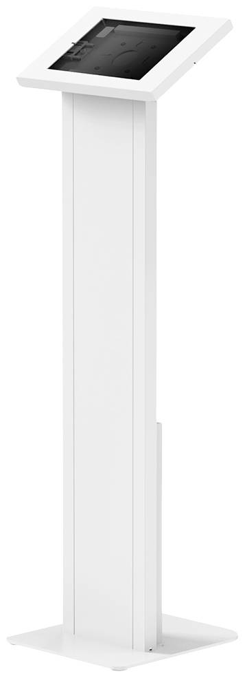 Ein freistehender, weißer Infoständer mit integriertem Bildschirm, geeignet für interaktive Displays oder Informationssysteme in öffentlichen Bereichen.