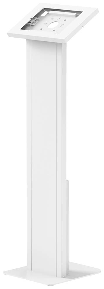 Ein weißer Kioskständer mit integriertem Tablet an der Spitze, geneigt für Benutzerinteraktion, häufig in öffentlichen Räumen genutzt.