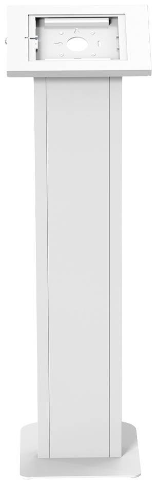 Höhenverstellbarer, weißer Metallständer mit rechteckiger Halterung, geeignet für Tablets oder Bildschirme.