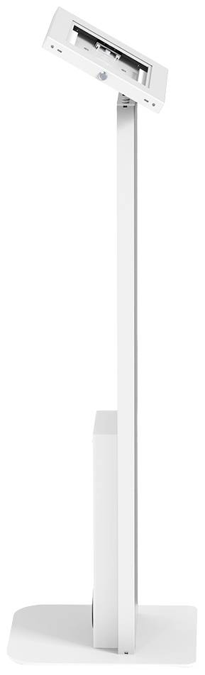 Ein weißer, schlanker digitaler Kiosk mit einem geneigten Bildschirm, der auf einem Standfuß montiert ist, für interaktive Präsentationen.