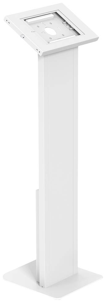 Weißer Tablet-Bodenständer aus Metall, geeignet für Präsentationen oder Ausstellungen.