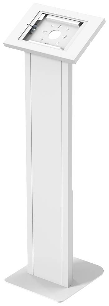 Weißer, rechteckiger Bodenständer mit geneigtem Halter oben, geeignet für die Montage eines Tablets oder Bildschirms für Präsentationen.