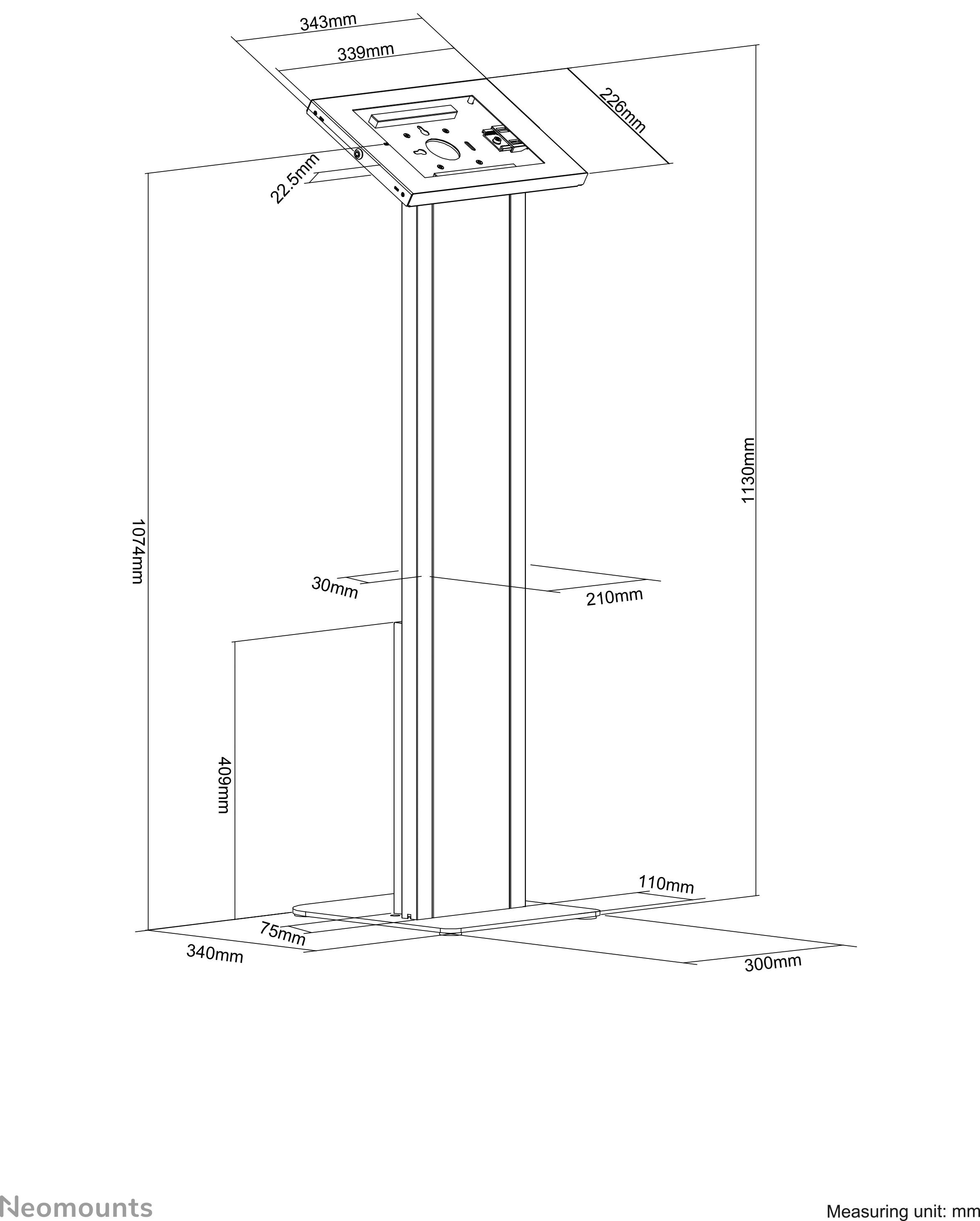 Diagramm eines verstellbaren Ständers mit Maßen. Breite oben 343 mm, Höhe 1130 mm, Sockelbreite 340 mm. Maßeinheit: mm.