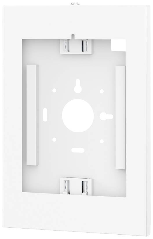 Weiße Halterung mit Aussparung für Montage, rechteckig.