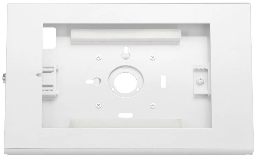 Weiße Metallhalterung mit verschiedenen Befestigungspunkten, zentralem Loch und zwei seitlichen Halterungen.