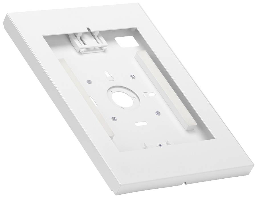 Weiße Kunststoffblende mit Aussparungen und Befestigungspunkten, geeignet zur Installation oder als Abdeckung für Elektro- oder Montagesysteme.
