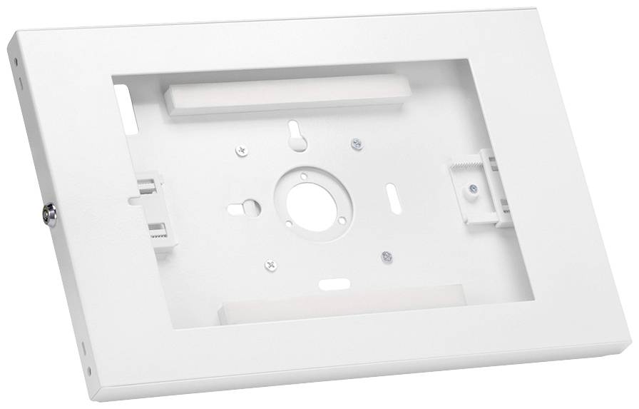 Weiße, rechteckige Halterung mit mehreren Befestigungspunkten und Öffnungen, verwendet zur Montage technischer Geräte an Wänden.