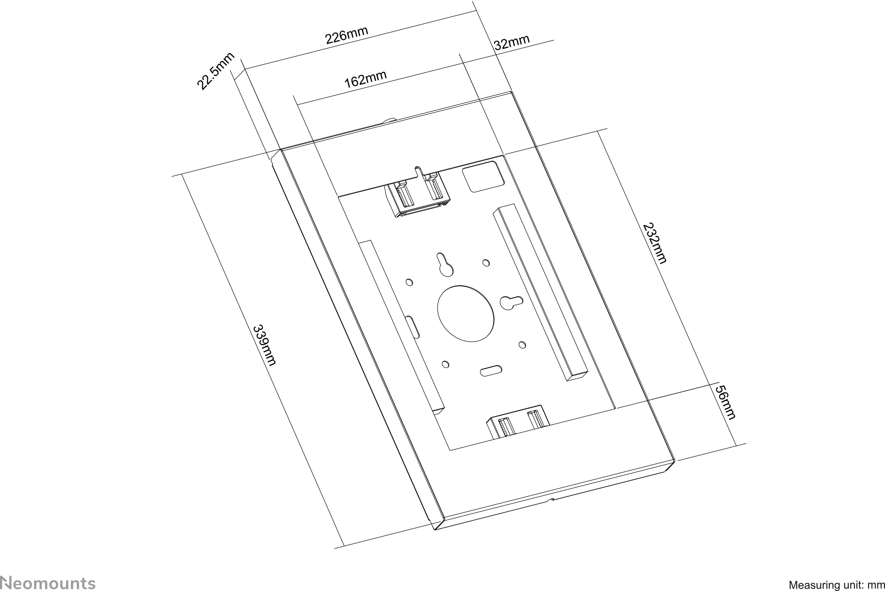 Maßzeichnung einer rechteckigen Halterung mit Abmessungen: 228mm x 162mm x 32mm und 229mm x 95mm x 22,5mm.
