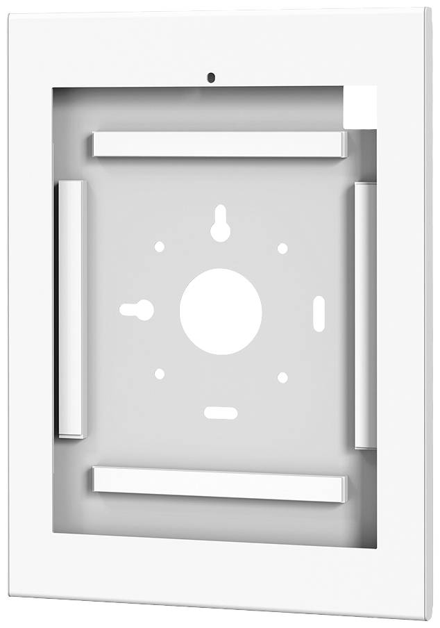 Weiße Wandhalterung für ein elektronisches Gerät, rechteckige Form, zentrale Aussparung mit mehreren Befestigungspunkten.