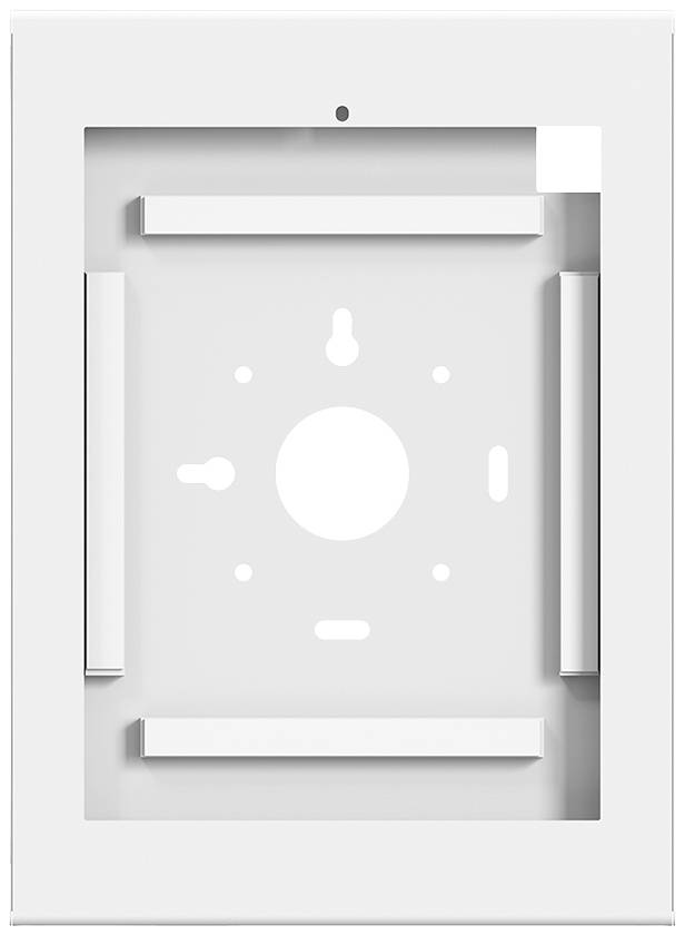 Ein weißer, rechteckiger Rahmen mit Aussparungen und Montageöffnungen, vermutlich für die Installation eines Geräts oder Paneels.