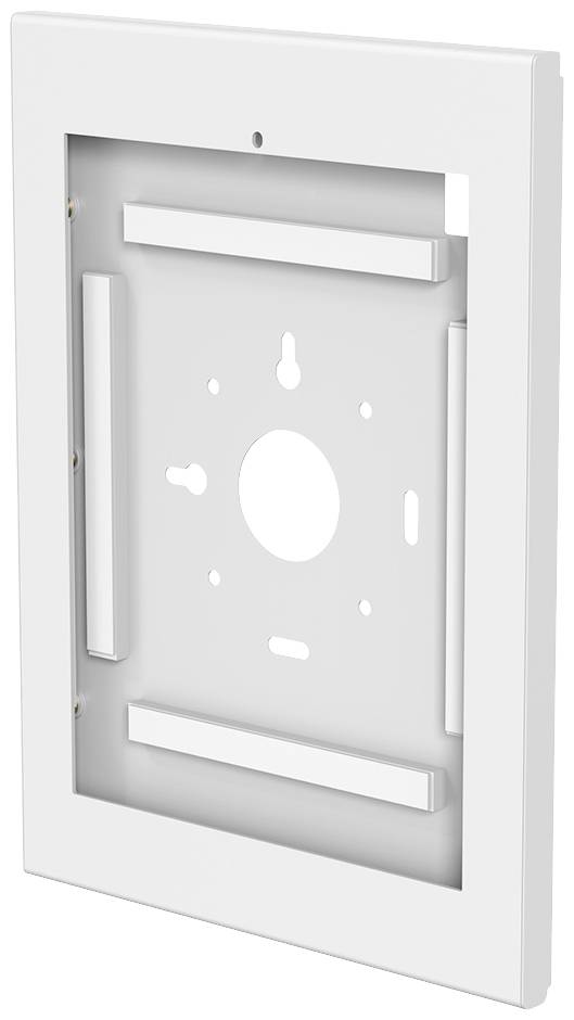 Ein weißer Metallrahmen zur Wandbefestigung. Er hat mittig mehrere Befestigungslöcher und vier längliche Halterungen innen.