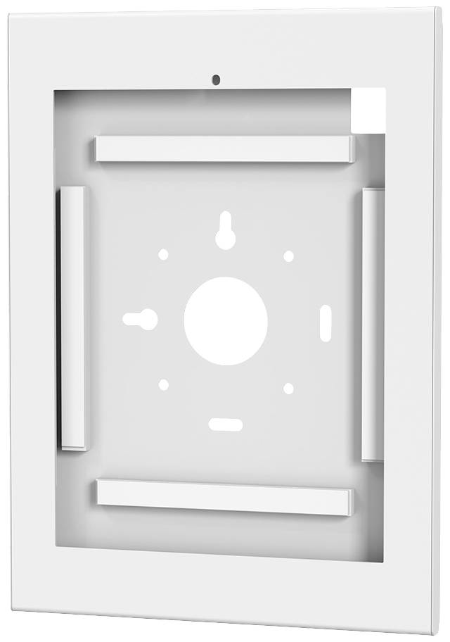 Ein weißer, rechteckiger Rahmen mit Öffnungen und Halterungen. Geeignet zur Befestigung von Geräten an einer Wand.
