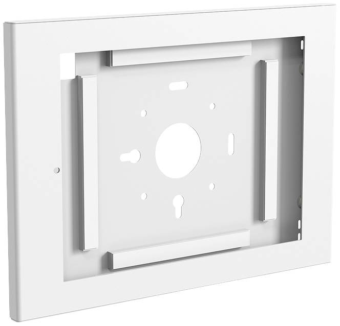 Weiße rechteckige Halterung mit symmetrischen Öffnungen und Befestigungsschlitzen, geeignet für die Wandmontage von Geräten.