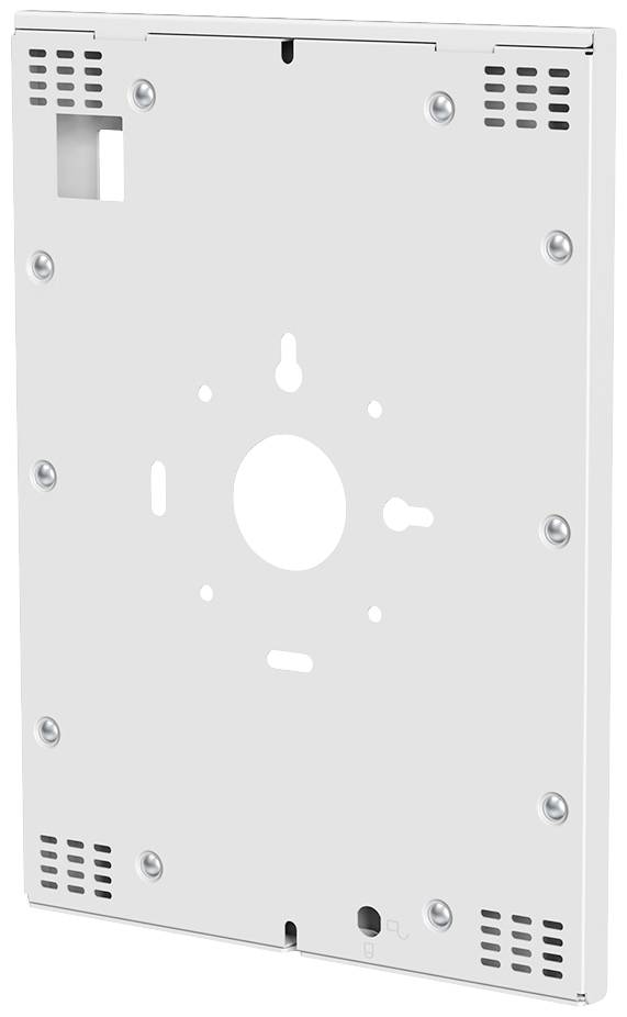 Ein rechteckiges, weißes Montageblech mit mehreren Schraublöchern und Öffnungen, geeignet zur Befestigung von Geräten an einer Wand.