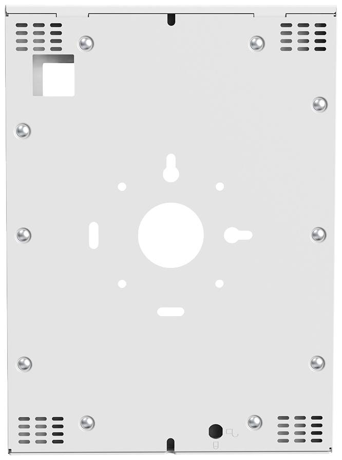 Montageplatte mit mehreren Löchern und Öffnungen, geeignet für Befestigung oder Installation technischer Geräte an einer Oberfläche.
