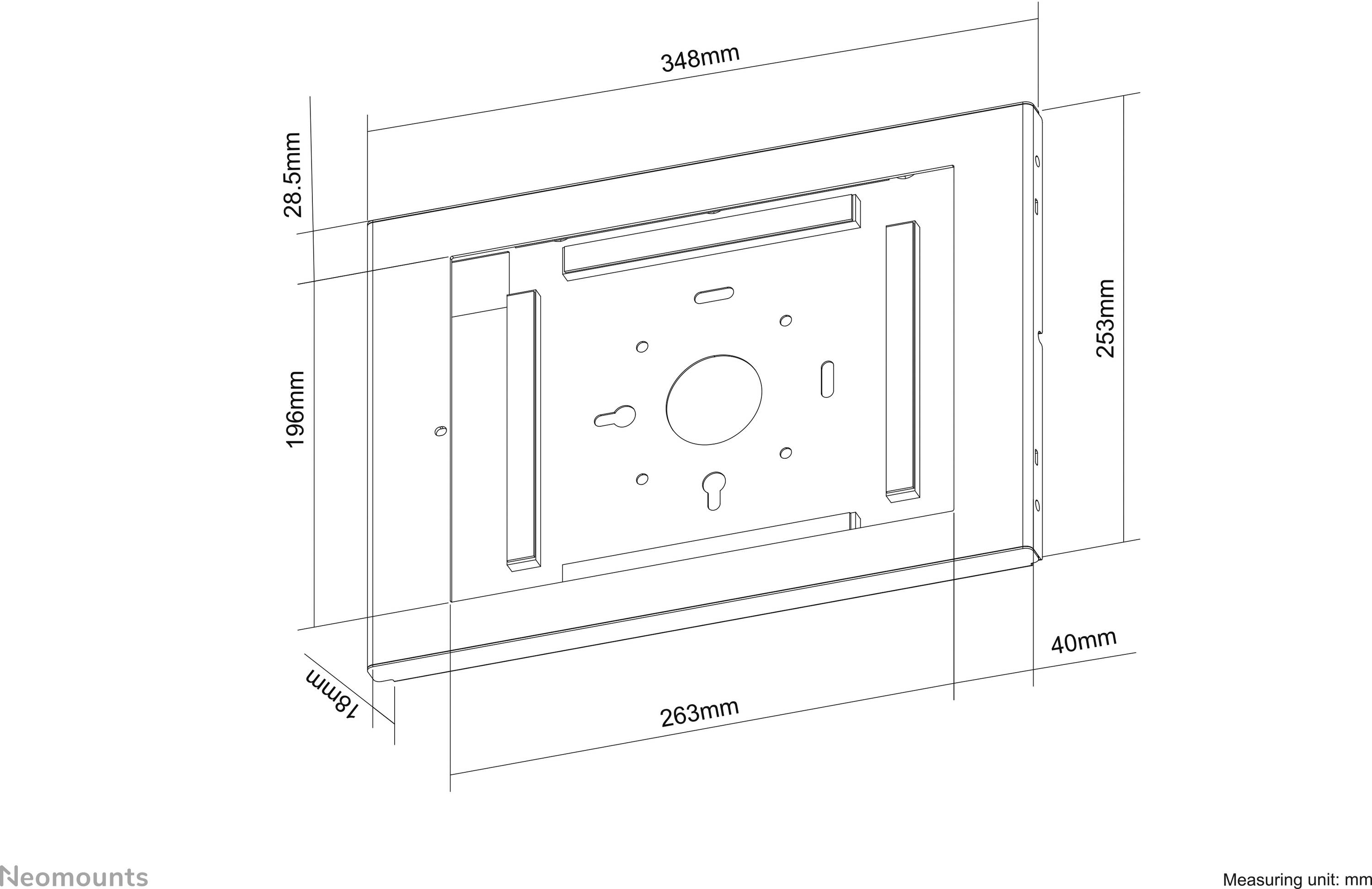 Technische Zeichnung einer Wandhalterung mit den Maßen 348 mm Breite, 196 mm Höhe, 40 mm Tiefe. Befestigungs- und Bohrlöcher angegeben.