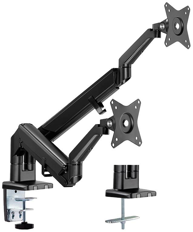Zwei verstellbare, schwarze Monitorarme, montiert auf einem Schreibtisch, mit Klemme zur Befestigung. Geeignet für zwei Monitore.