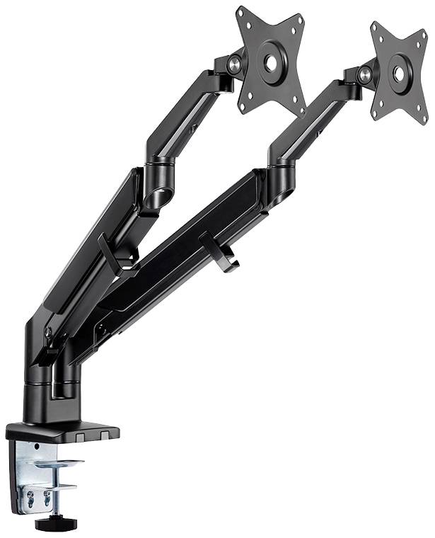 Doppelarmiger Monitorhalter, aus schwarzem Metall, zur Befestigung von zwei Monitoren. Schwenkbar und höhenverstellbar, an Tisch montiert.