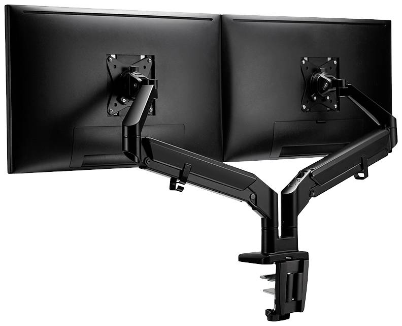 Zwei schwarze Monitore auf einem doppelten, verstellbaren Armsystem montiert, das an einem Tisch befestigt ist, für ergonomische Arbeitsplätze.