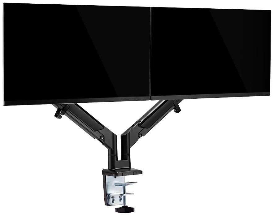 Zwei Monitore auf einem gemeinsamen Standfuß mit verstellbaren Armen, die an einem Schreibtisch befestigt sind.