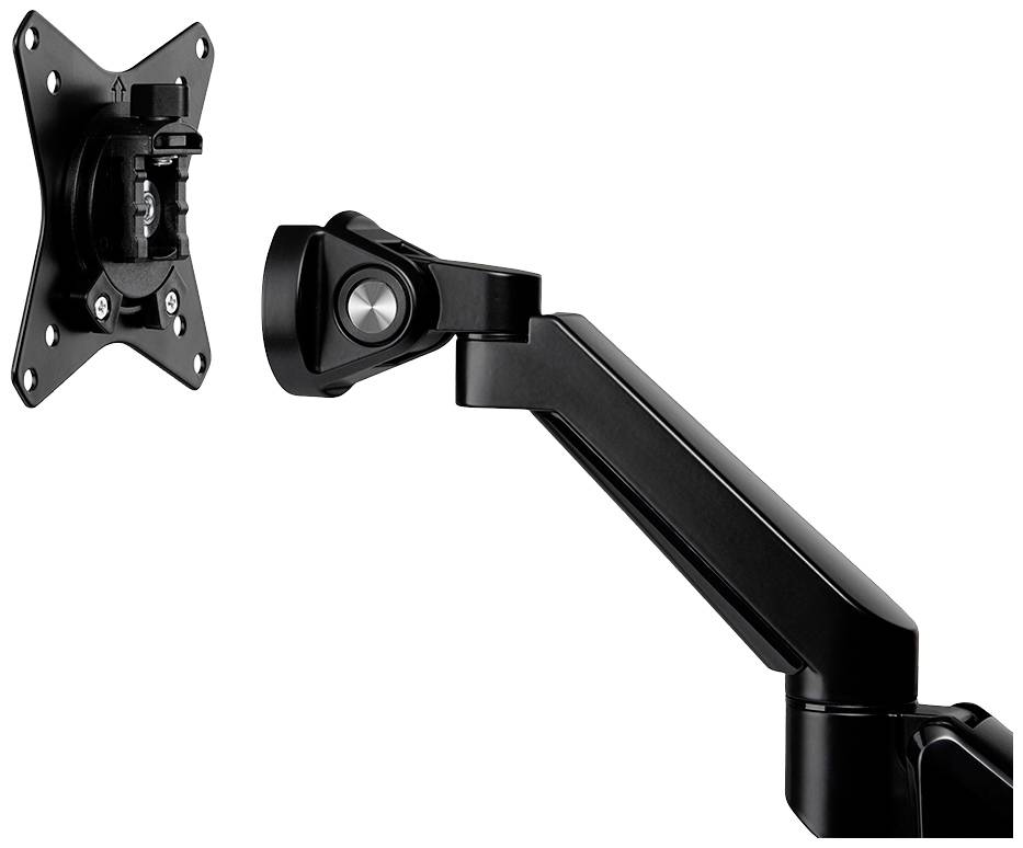 Monitorarm aus schwarzem Metall mit verstellbarem Gelenk und VESA-Halterung; dient zur flexiblen Befestigung eines Bildschirms.