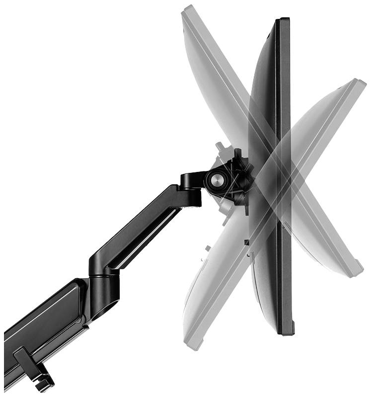 Ein verstellbarer Monitorarm zeigt die Bewegungsfreiheit des Bildschirms. Der Arm ermöglicht Neigung und Drehung in verschiedene Richtungen.