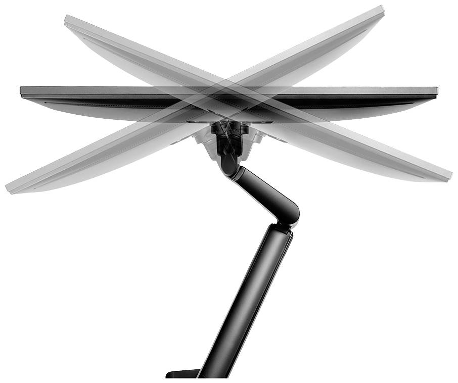 Seitenansicht eines Monitors auf einem flexiblen Arm, der in verschiedene Richtungen geneigt werden kann, um Beweglichkeit zu zeigen.