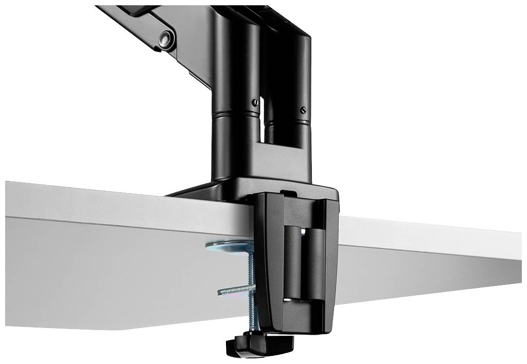 Ein schwarzer Monitorarm aus Metall ist an einem weißen Tisch befestigt. Der Arm hat ein Schwenkgelenk und eine Schraubbefestigung.