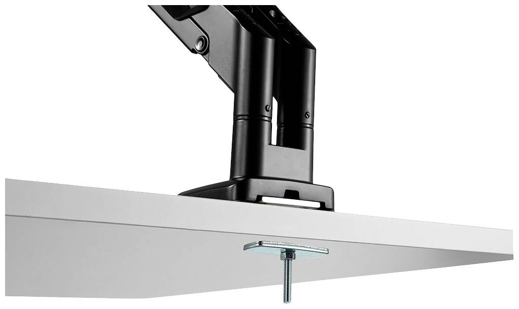 Ein schwarzer Monitorarm ist an einem weißen Schreibtisch befestigt und befindet sich in einer horizontalen Position.
