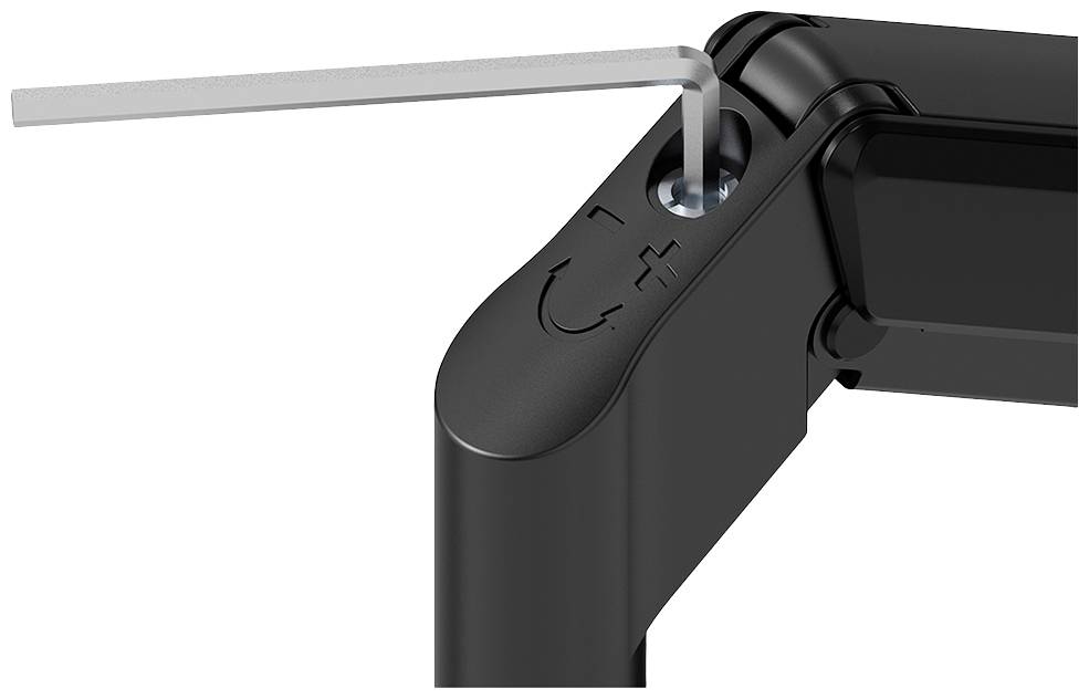 Ein Inbusschlüssel wird verwendet, um eine Schraube an einem schwarzen Scharnier oder Gelenk zu justieren, das mit einem Plus- und Minussymbol markiert ist.