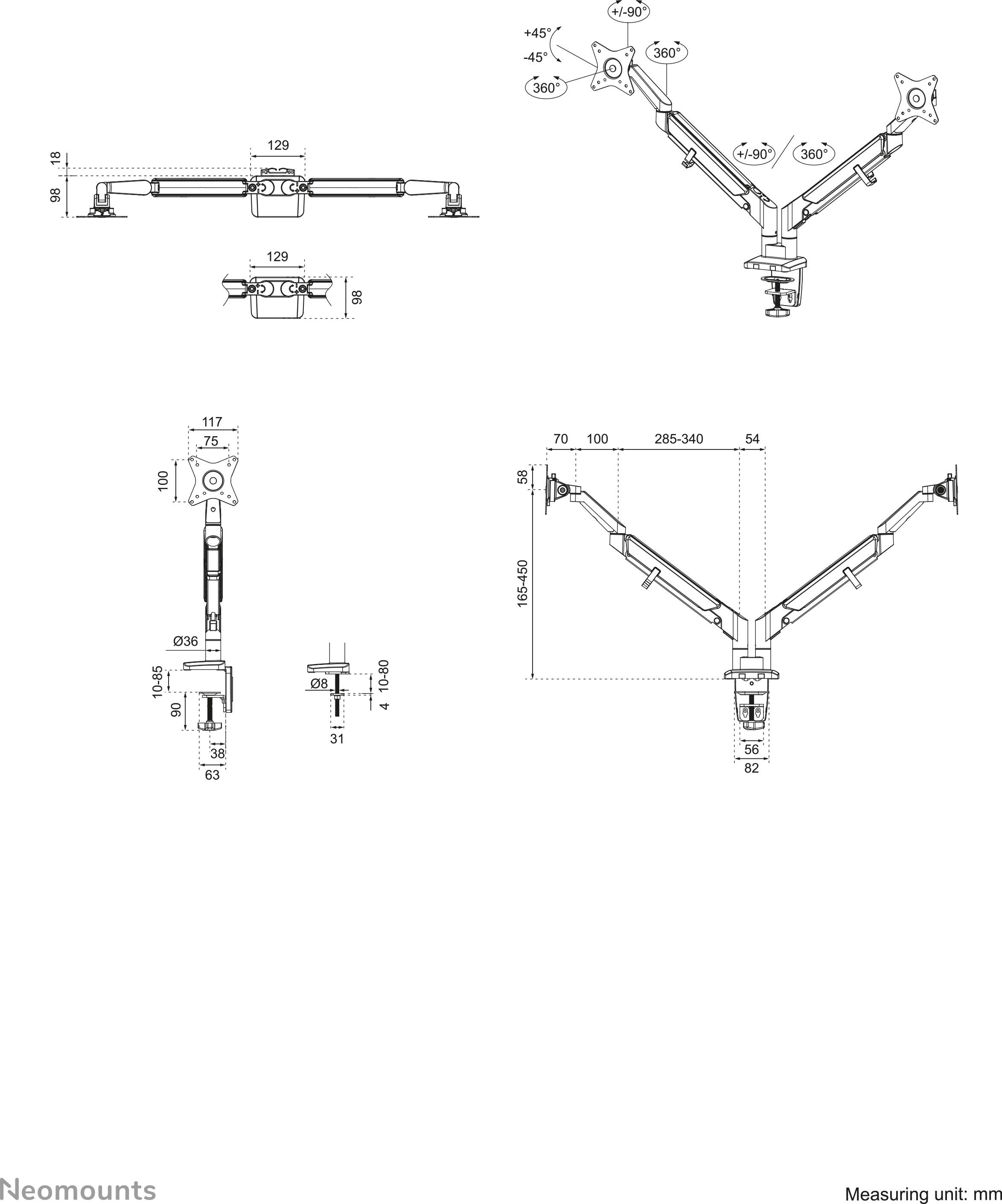 Technische Zeichnung eines Doppel-Monitorarms mit Dimensionen in mm. Details zur Montage und Einstellbarkeit der Arme.