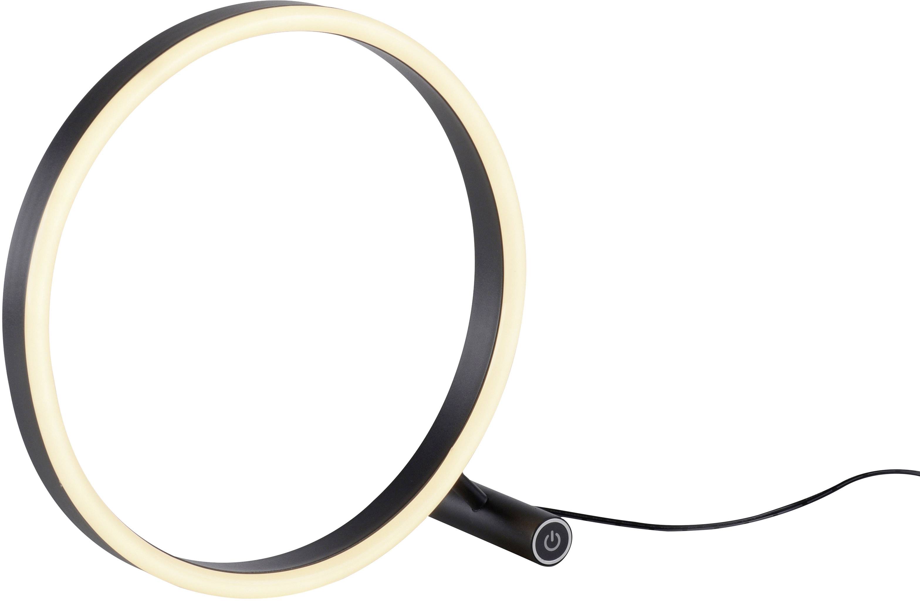Runder LED-Ringlicht mit schwarzem Rahmen und eingebautem Ständer, verbunden mit einem Netzkabel.